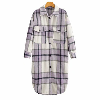 Women Casual Plaid Loose Long Sleeves Long Woolen Coat Overcoat