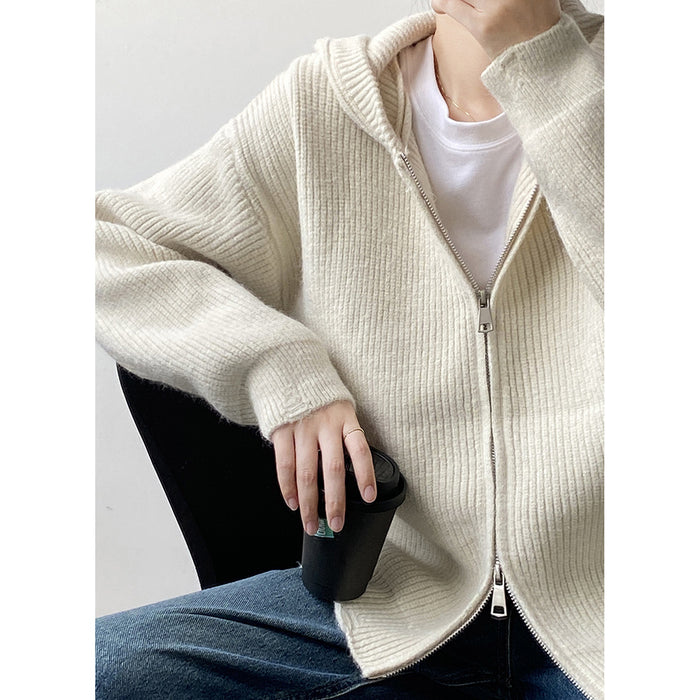 Hooded Knit Cardigan Women Autumn Round Neck Soft Glutinous Sweater Coat