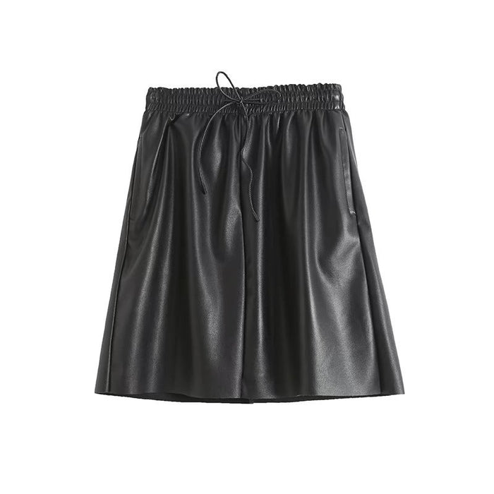 Autumn Black Faux Leather Soft Leather Elastic Waistband Lace-up Skirt Women Casual Skirt