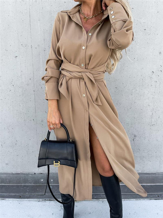 Women Autumn Winter Maxi Dress Solid Color Cardigan Long Sleeve Big Hem Dress