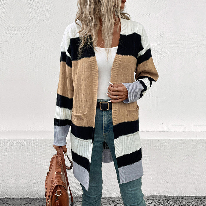 Autumn Winter Women Clothing Contrast Color Cardigan Sweater for Women