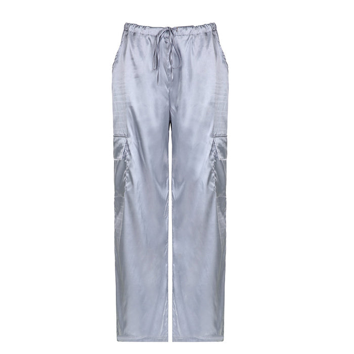 Metallic Coated fabric Women Silver Satin High Waist Drawstring Loose Straight Patchwork Pocket Common Tooling Casual Trousers