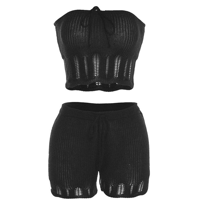 Summer Women Clothing Fashionable Knitted Hollow Out Cutout Chest Wrap Small Vest Slim High Waist Shorts Suit