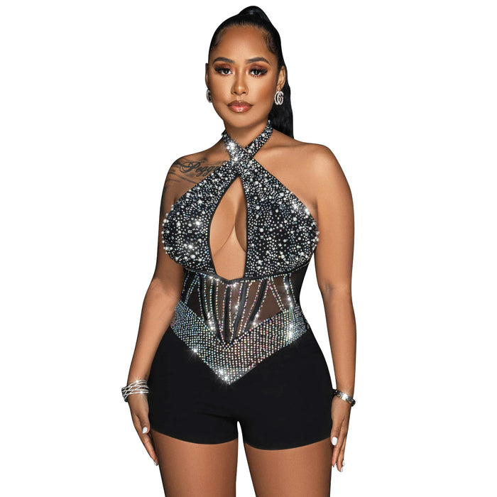 Autumn Winter Women Clothing Sexy Mesh Tight Halter Rhinestone Jumpsuit Women