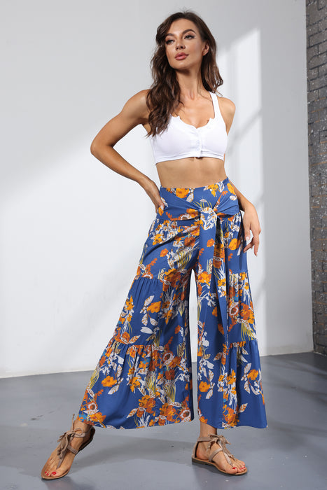 Summer New Digital Printing Women Clothing Loose Casual Cropped Pants Beach Wide-Leg Pants Lace-up Pants