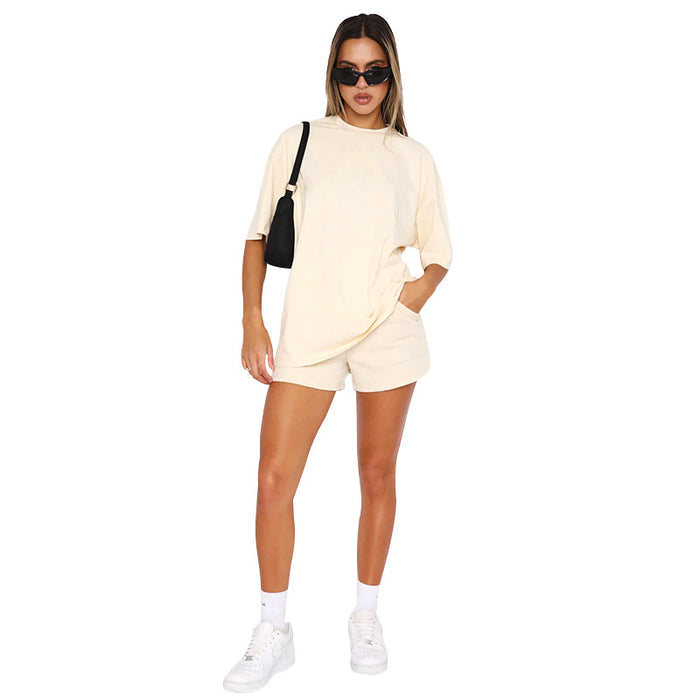 Solid Color round Neck Half Sleeve Pullover Top Women Clothing Casual Shorts Suit Summer