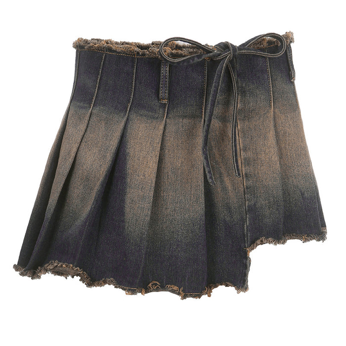 Street Retro Washed Tie Dyed Irregular Asymmetric One Piece High Waist Lace up Pleated Skirt Sexy  Miniskirt