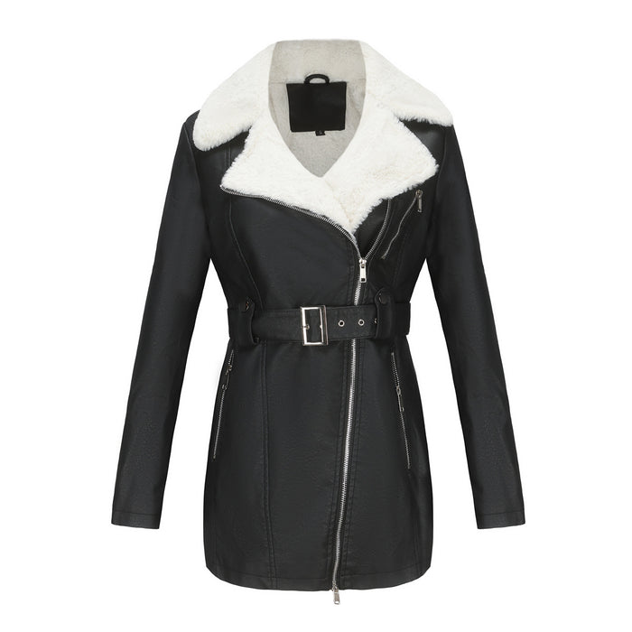 Autumn Winter Long Sleeved Fleece Leather Jacket Women Collared Double Headed Zipper With Belt Warm Coat