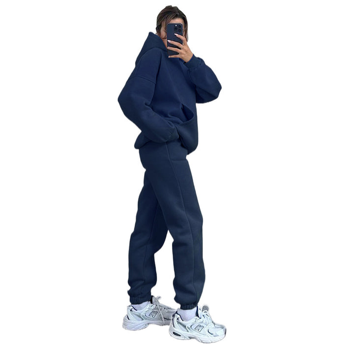 Autumn Winter Solid Color Thickened Brushed Hoody Two Piece Set Casual Trousers Suit