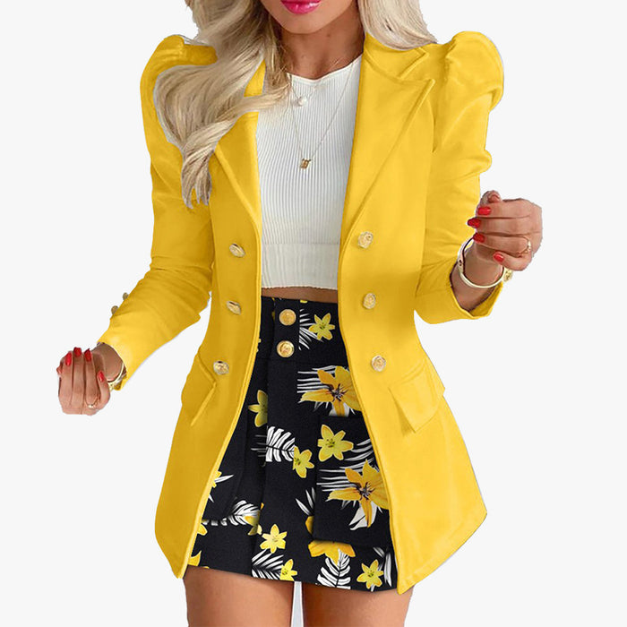 Autumn Winter Women Clothing Printing Princess Sleeves Office Slim Fit Short Skirt Set