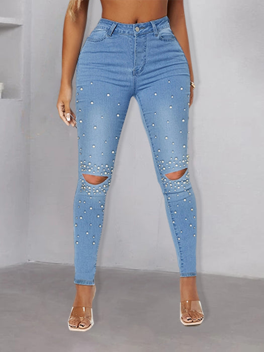 Street Hipster Pearl Rivets Craft Women Denim Skinny Pants