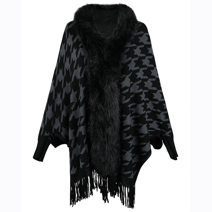 Tassel Cloak Autumn Winter Contrast Color Houndstooth Fur Collar Inverness Women