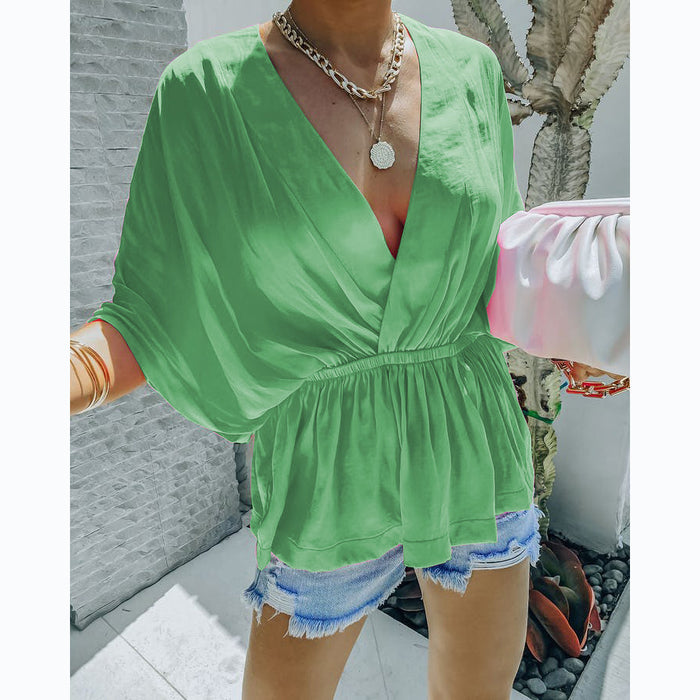 Spring Summer Rayon V-neck Elastic Waist Casual Short Sleeve Shirt