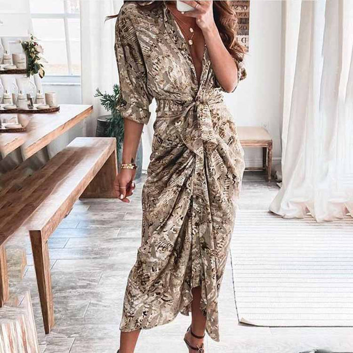 Summer Long Sleeve V neck Buttons Elegant Dress Maxi Dress Women Clothing