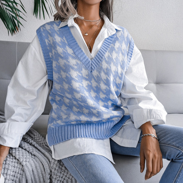 Autumn Winter V-neck Houndstooth Casual Loose Knitted Vest Sweater Waistcoat Women Clothing