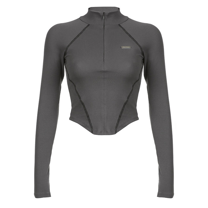 Mechanical Line Design Sexy Fitness Sports Waist Trimming Half Turtleneck Zipper Bottoming Long Sleeve