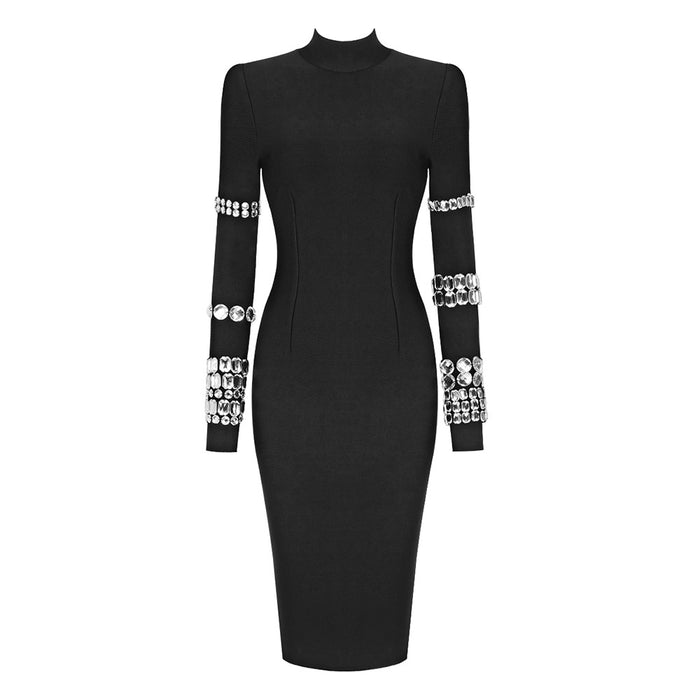 Black Heavy Industry Rhinestone Long Sleeve Turtleneck Bandage One Piece Dress Slim Fit Slimming Knitted round Neck Women Autumn Winter