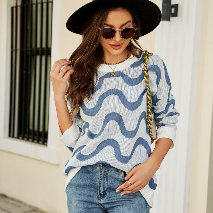 Casual Pullover Loose Long Sleeved Sweater round Neck Wave Pattern Contrast Color Sweater