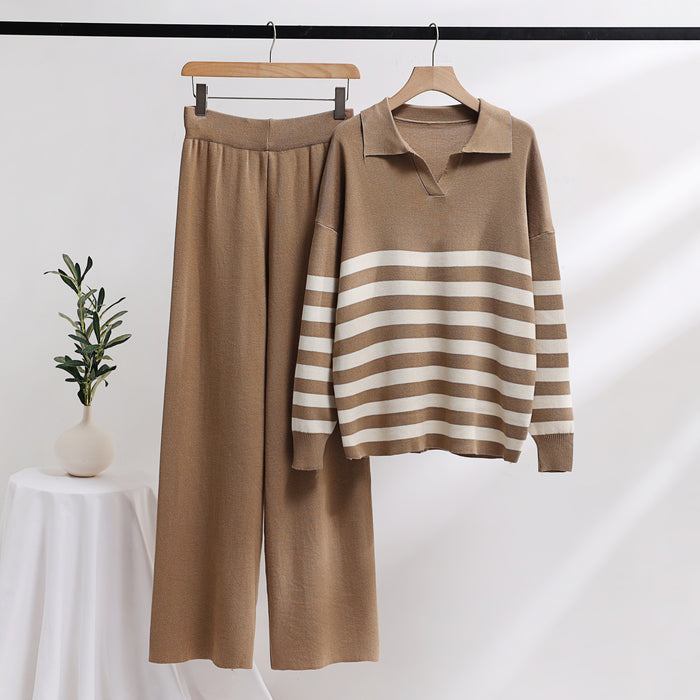 Knitting Suit Polo Collar Striped Sweater Loose Casual Two Piece Set Women Clothing