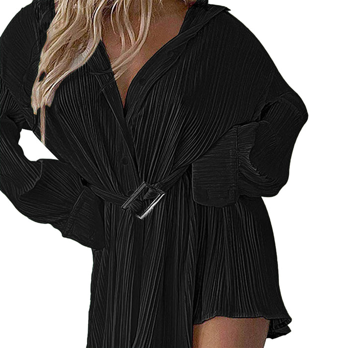 Women  Clothing Fashionable Pleated Long Sleeve Cinched Blouse Belt Dress