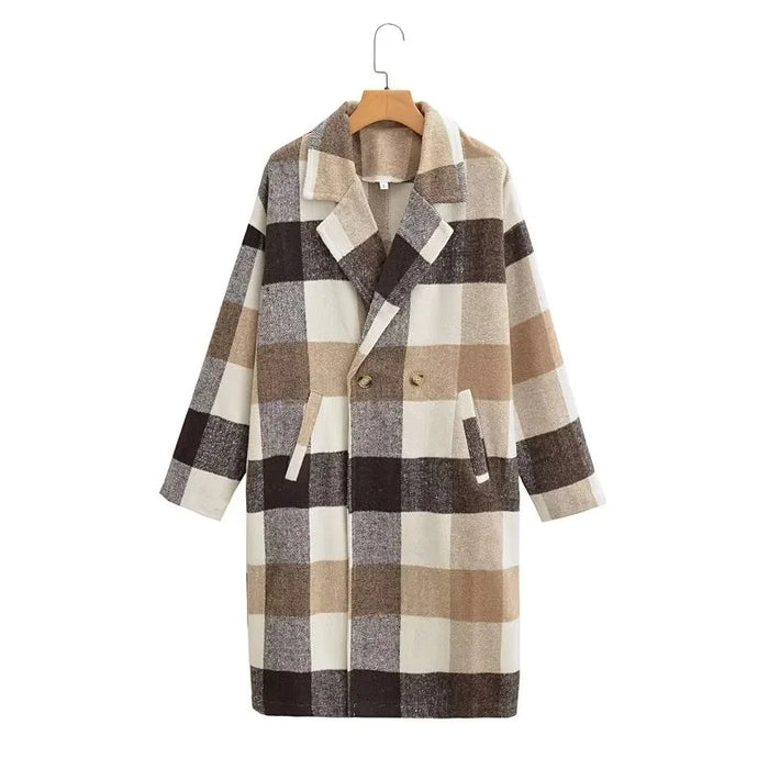 Autumn Winter Plaid Contrast Color Long-Sleeved Top Elegant Women Clothing Double Breasted Loose Long Woolen Coat