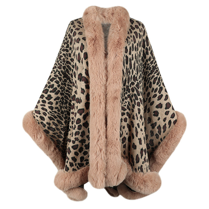 Autumn Winter Fur Collar Cape Cardigan Leopard Print Shawl Sweater Women