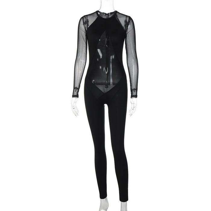 Mesh Patchwork Slim Fit Bodysuit Fall Women Clothing Long Sleeve Zipper Trousers