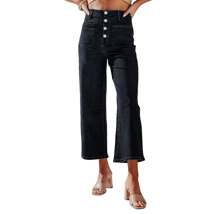 Retro Loose Straight Single Row Ornament High Waist Wide Leg Women Jeans Cropped Pants