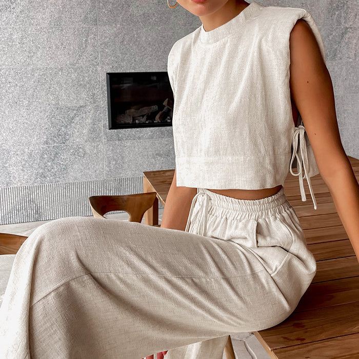 Summer Padded Shoulder Sleeveless Top Trousers Two Piece Set Casual Cotton Linen Suit Women  Clothing