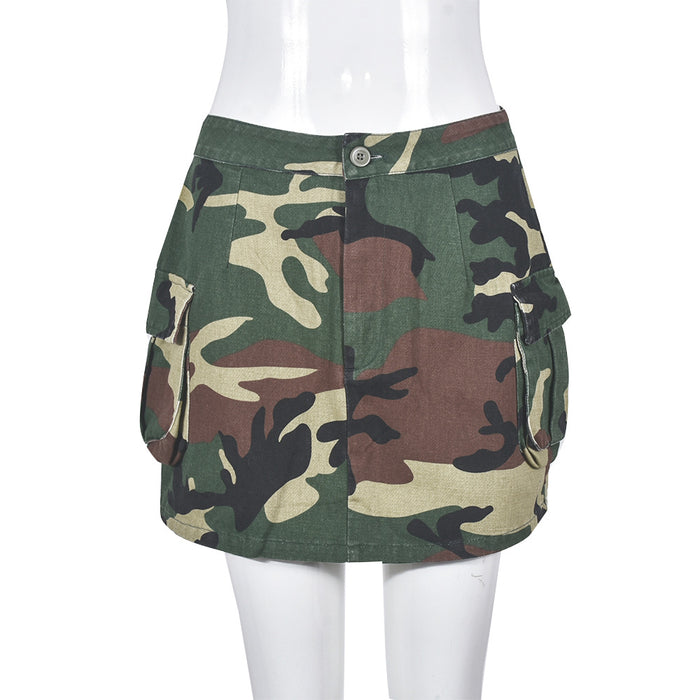 Camouflage Women Clothing Summer Multi Pocket Skirt Half Length Wrapped Skirt