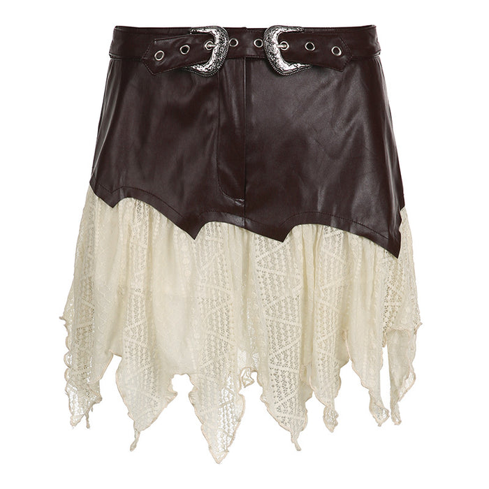 One Piece Leather Stitching Irregular Asymmetric Lace Skirt Street Tassel Sexy Skirt