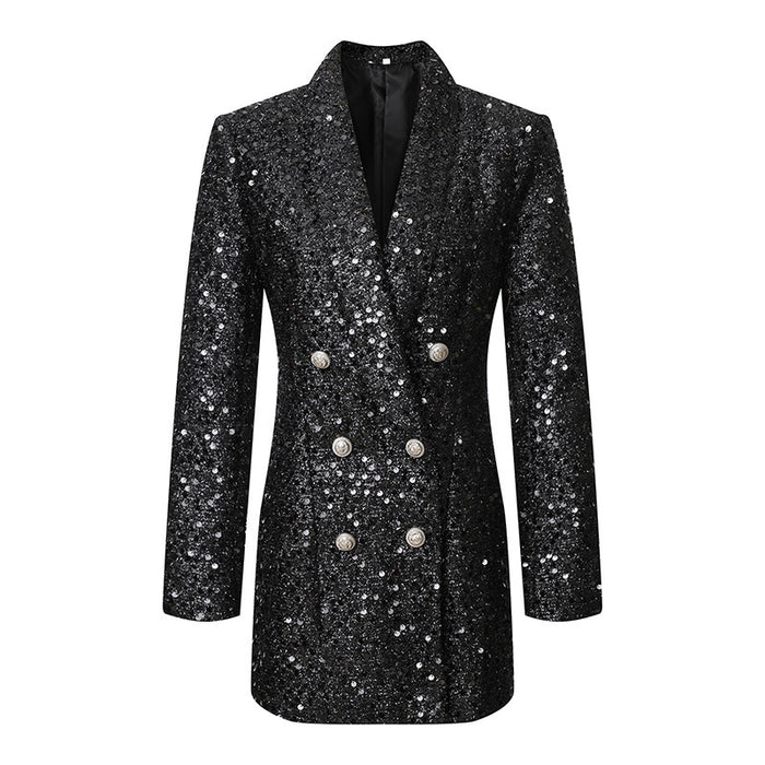 Autumn Women Socialite Graceful Blazer Double Breasted Black with Paillettes Slim Fit Long Blazer