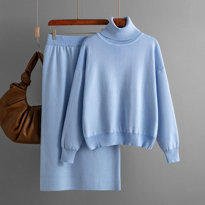 Solid Color Turtleneck Sweater Sheath Skirt Two Piece Set Autumn Winter Knitting Suit Women