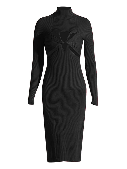 Niche Design Solid Color Sexy Sexy Dress Autumn Winter High Neck Long Sleeve Hollow Out Cutout out Knitted Dress Women