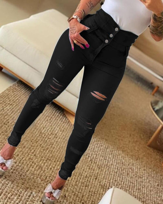 High Waist Make Old Ripped Jeans Women Personality Trend Skinny Trousers