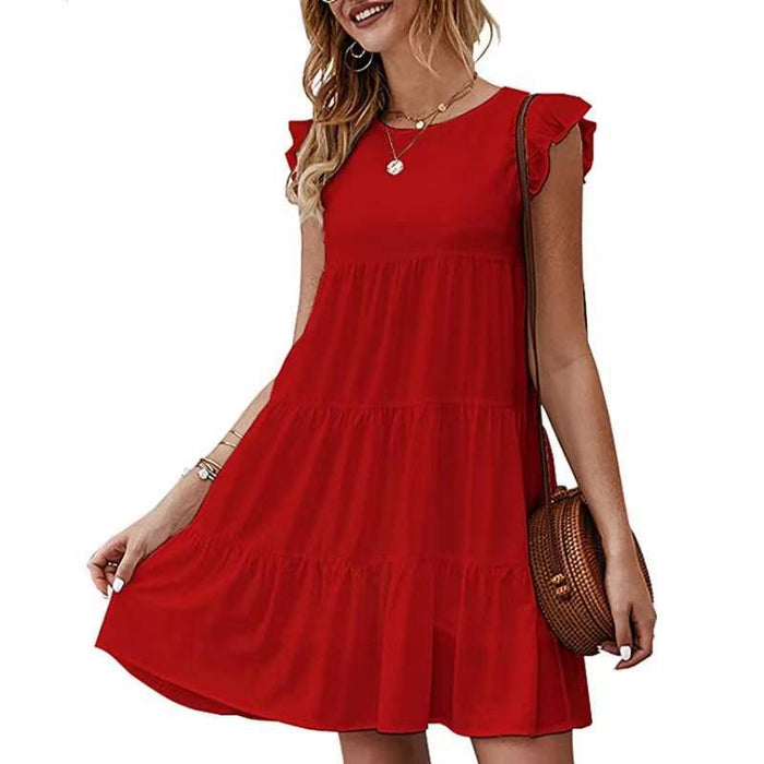 Summer Solid Color round Neck Short Sleeves Dress Casual Tiered Dress Pleated Large Swing Dress