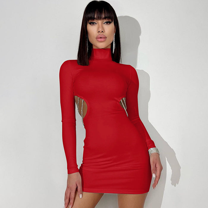 Women Clothing Autumn Sexy Backless Hollow Out Cutout out Chain Slim Fit Long Sleeved Dress