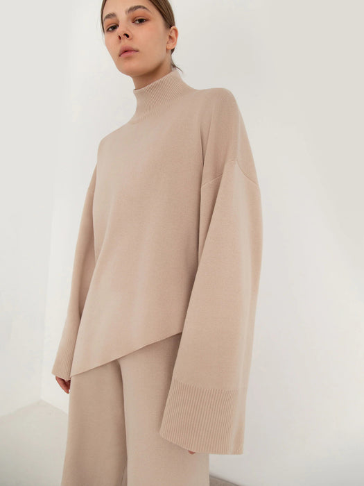 Autumn Winter Comfortable Turtleneck Asymmetric Hem Wide Leg Trousers Suit