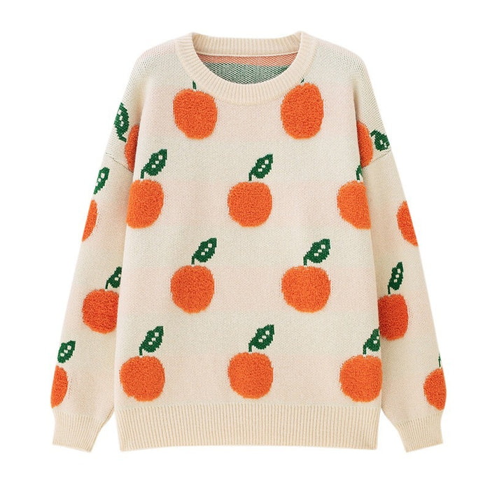 Autumn Winter Casual Loose Orange Pattern round Neck Long Sleeve Knitted Pullover Sweater Women