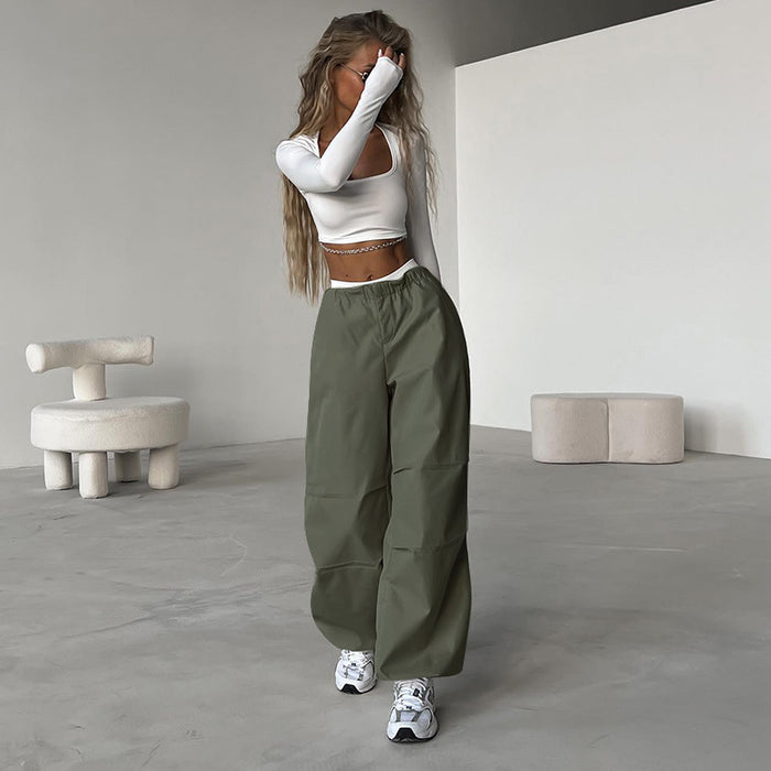 High Waist Drawstring Straight Simple Overalls Summer Street Solid Color All Matching Casual Trousers