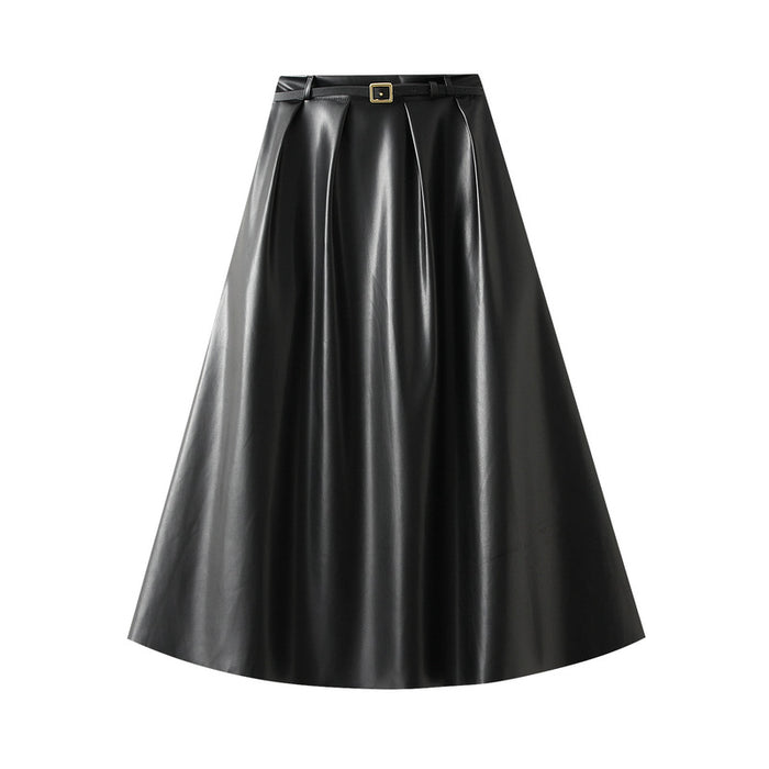 Retro Hong Kong Simple Graceful Faux Leather Skirt for Women High Waist Loose A line Big Hem Dress