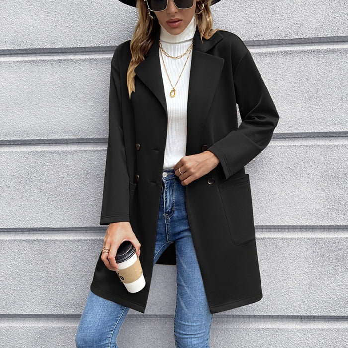 Women Clothing Mid Length Autumn Winter  Double Breasted Knitted Blazer Women Outerwear