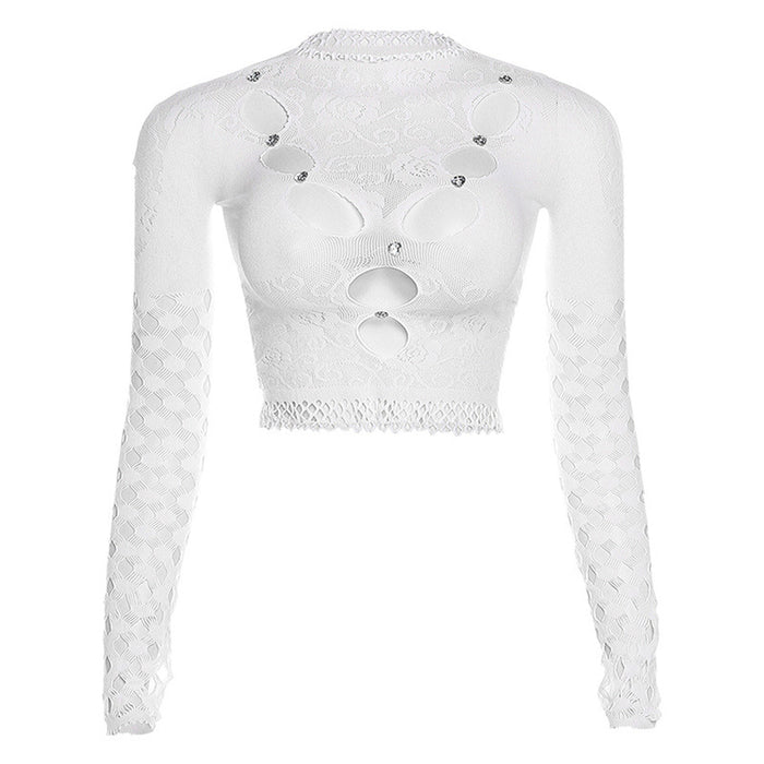 Summer Women Clothing Sexy Mesh See through Hollow Out Cutout round Neck Long Sleeved Doublet Women