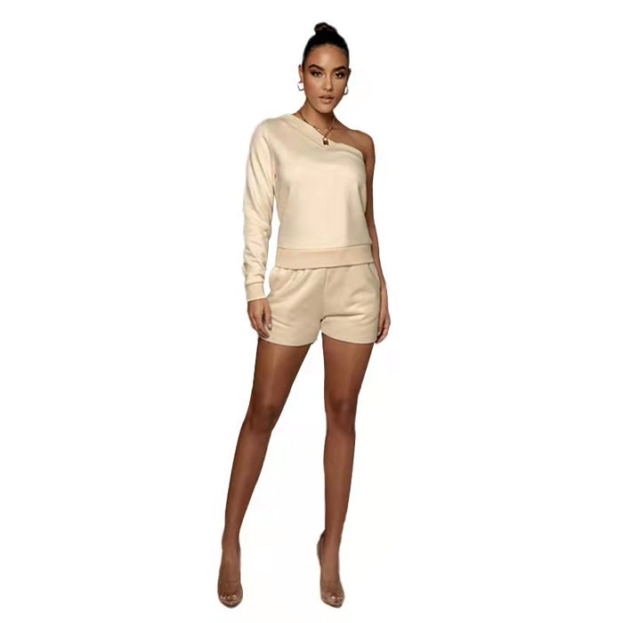 Urban Casual Solid Color Pullover off-the-Shoulder Shorts Women Fleece Lined Slim Fit Long Sleeve Sweater Set