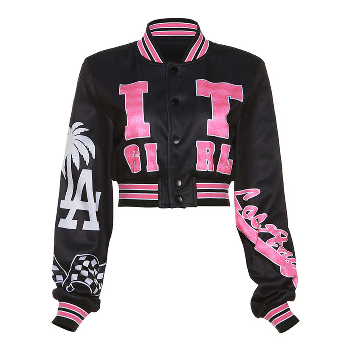 Fall Women Clothing Sexy Retro Printed Cardigan Varsity Jacket Coat