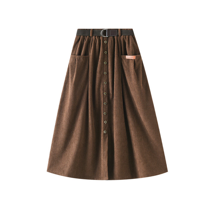 Corduroy Skirt for Women Mid Length High Waist A  line Sheath Skirt Autumn  with Belt