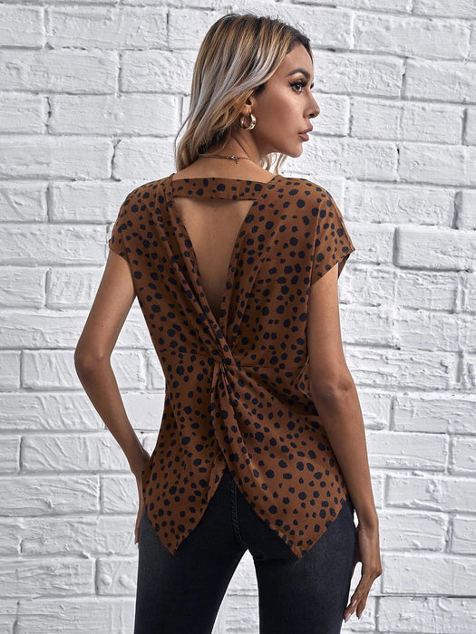 Spring Summer Backless Slit Loose Sexy Beauty Back Round Neck Short Sleeve Top Women