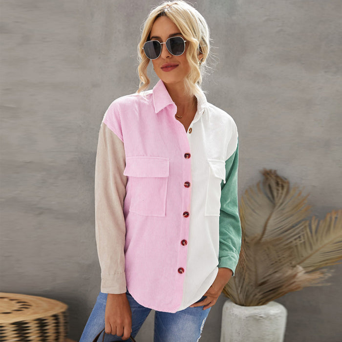 Color Block Stitching Autumn Shirt Women  Loose Long Sleeve Single Breasted Shirt