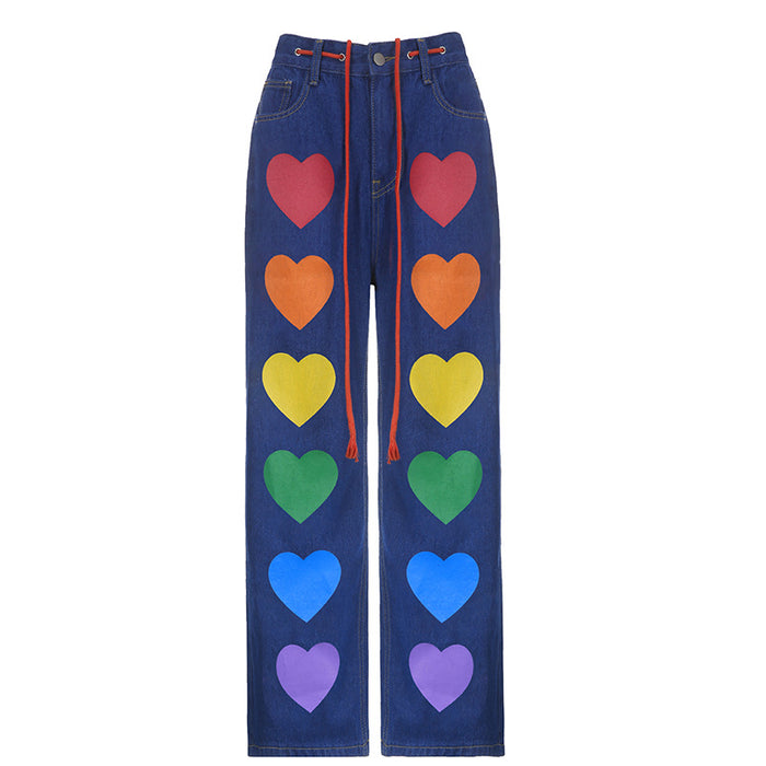 Station Rainbow Color Love Element Waist Tight Design Lace up Jeans Fashionable Loose Casual Straight Pants