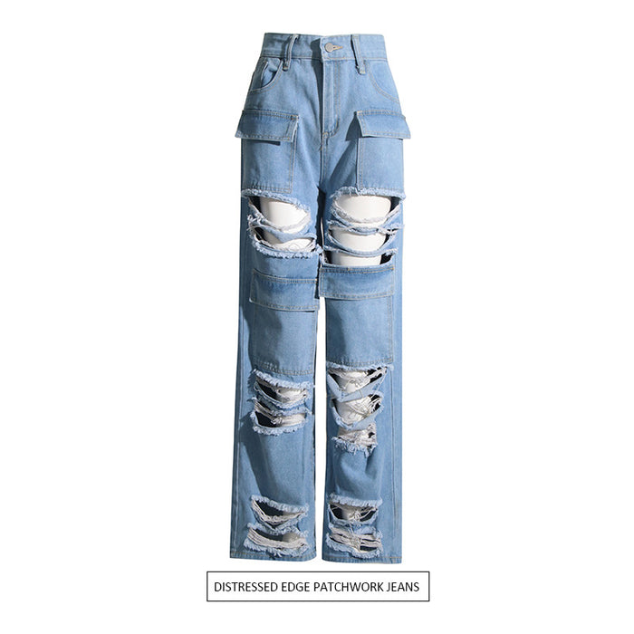 Ripped Frayed Stitching Jeans Women Summer High Waist Wide Leg Pants Loose Street Slimming Retro Straight Leg Trousers